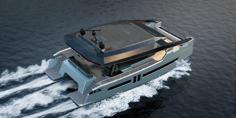 Катамаран Ocean Eco 60 Coupe оснащен солнечной батареей и двумя электродвигателями мощностью по 250 кВт